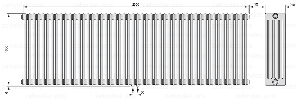 Схема (чертеж) Радиатор Zehnder Charleston 6180/50 №3470 Белый глянцевый RAL 9016